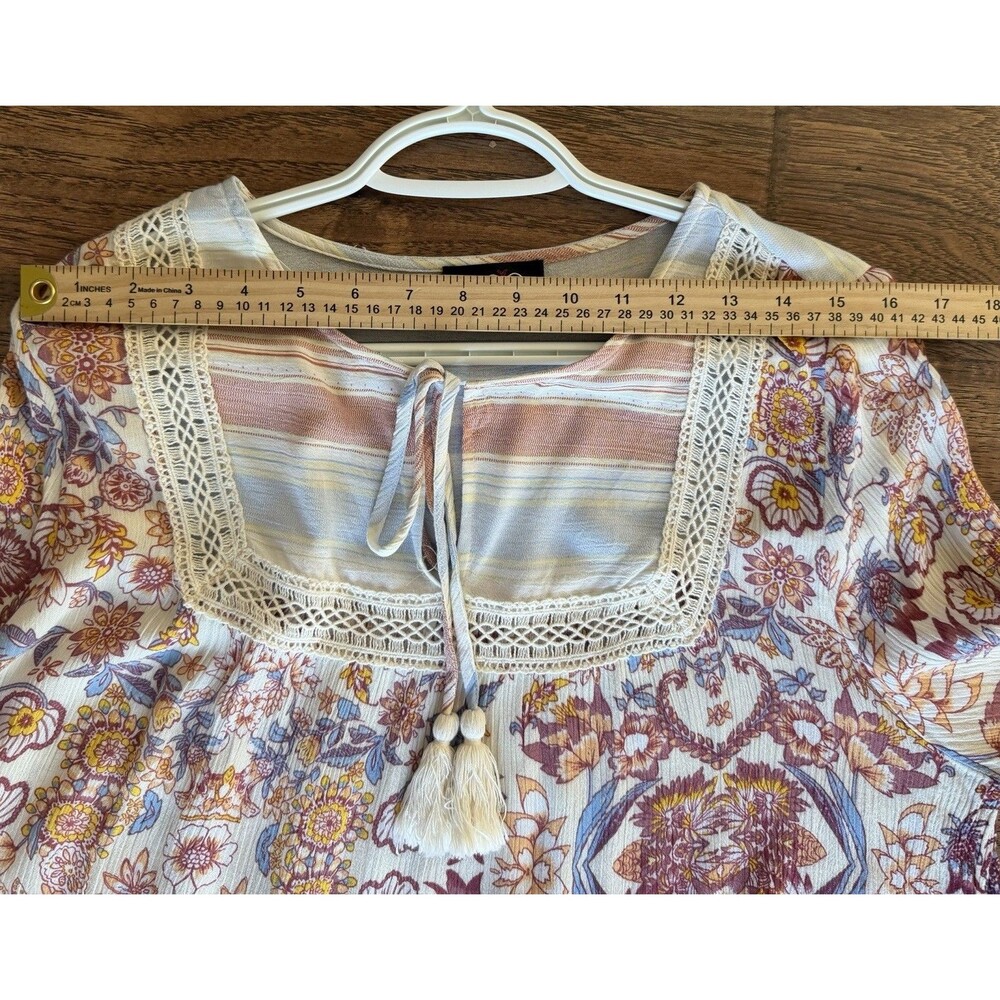 GiGiO USA Women M Floral Stripe Crochet Lace Tassel Boho Tunic Blouse Rayon - Picture 7 of 8